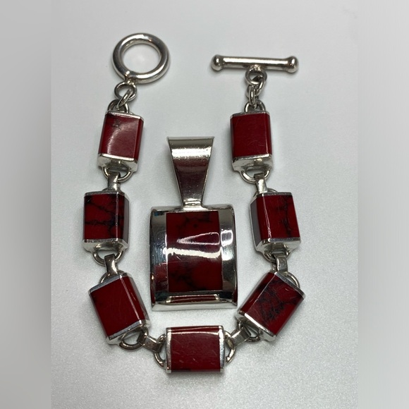 Silpada RARE Sterling Silver Red Jasper Pendant & Matching Jasper Bracelet SET - Picture 2 of 16